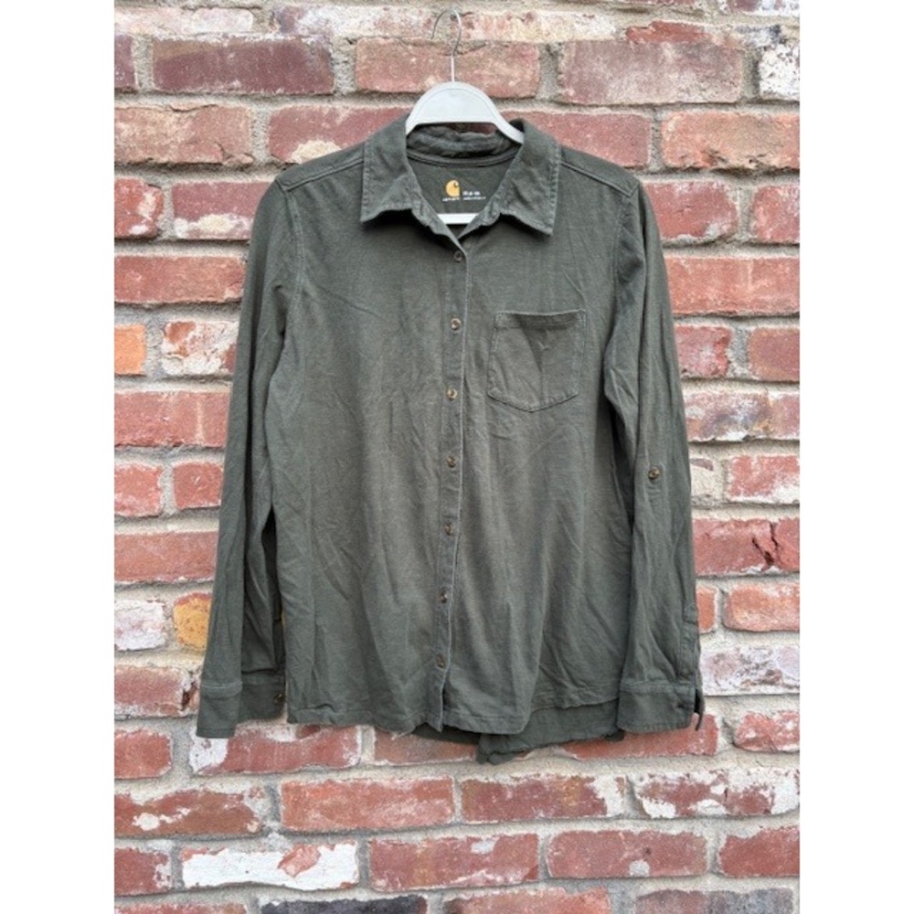 Carhartt Womens Olive Green Jersey Knit Button Down Roll Tab Sleeve Shirt Medium